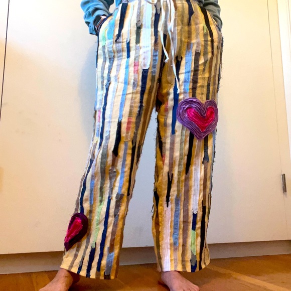 Upcycled Pure Linen Pants Crazy Stripes Fabric Shreds Heart Applique Raw Edges - Picture 1 of 15